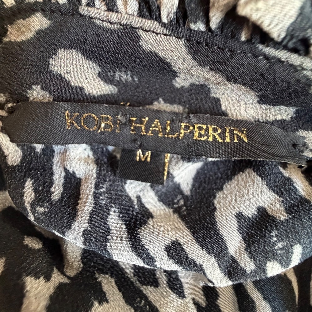 Kobi Halperin Regina Gray Silk Leopard Blouse Ruffle Tie Neck Medium - Picture 6 of 6